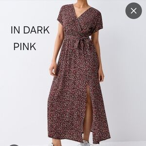 Twik NWOT Pink Burgundy Floral Wrap Maxi Short Sleeve Tie Waist Dress Simons S